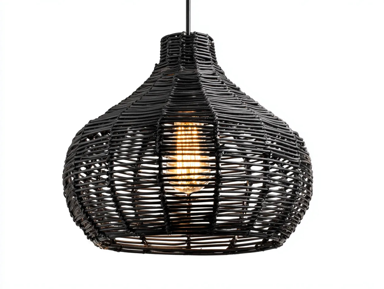 Außenpendelleuchte Metall und PE-Geflecht 36×36×52 cm Schwarz/Natur – geflochtene Form für Veranda und Terrasse