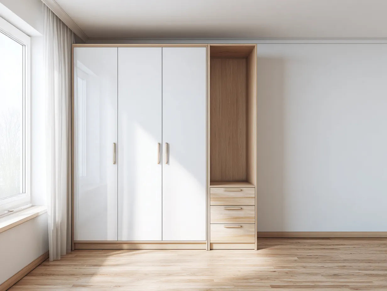 Kleiderschrank 210×60×220 cm Holzwerkstoff Weiß/Naturholz - Drehtüren mit integriertem Stauraumbereich