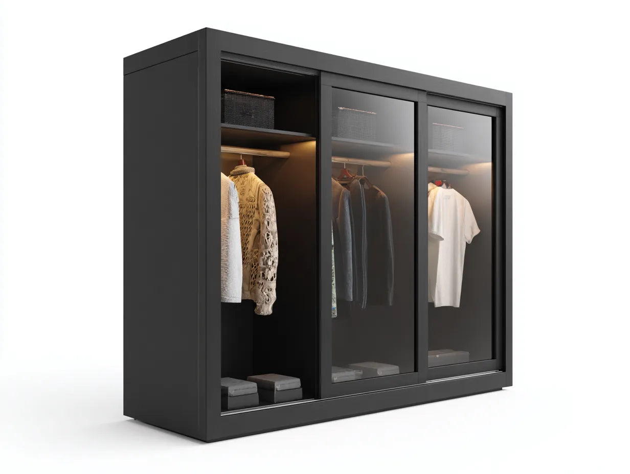 Schlafzimmer Kleiderschrank 220x65x210 cm Schwarz Holzwerkstoff Glas Schiebetüren modernes Design