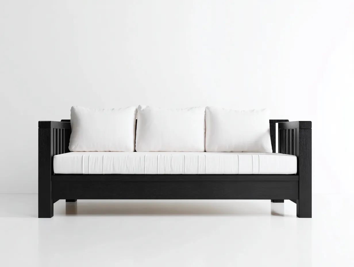 Wohnzimmer Sofa 210x88x80 cm Schwarz Holz Weiß Stoff geradliniger Stil