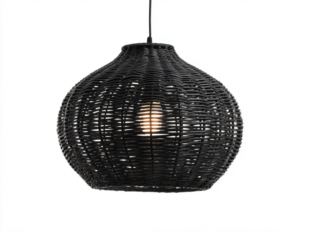 Außenpendelleuchte Metall und PE-Geflecht 38×38×58 cm Schwarz – tropfenförmig für überdachte Terrasse