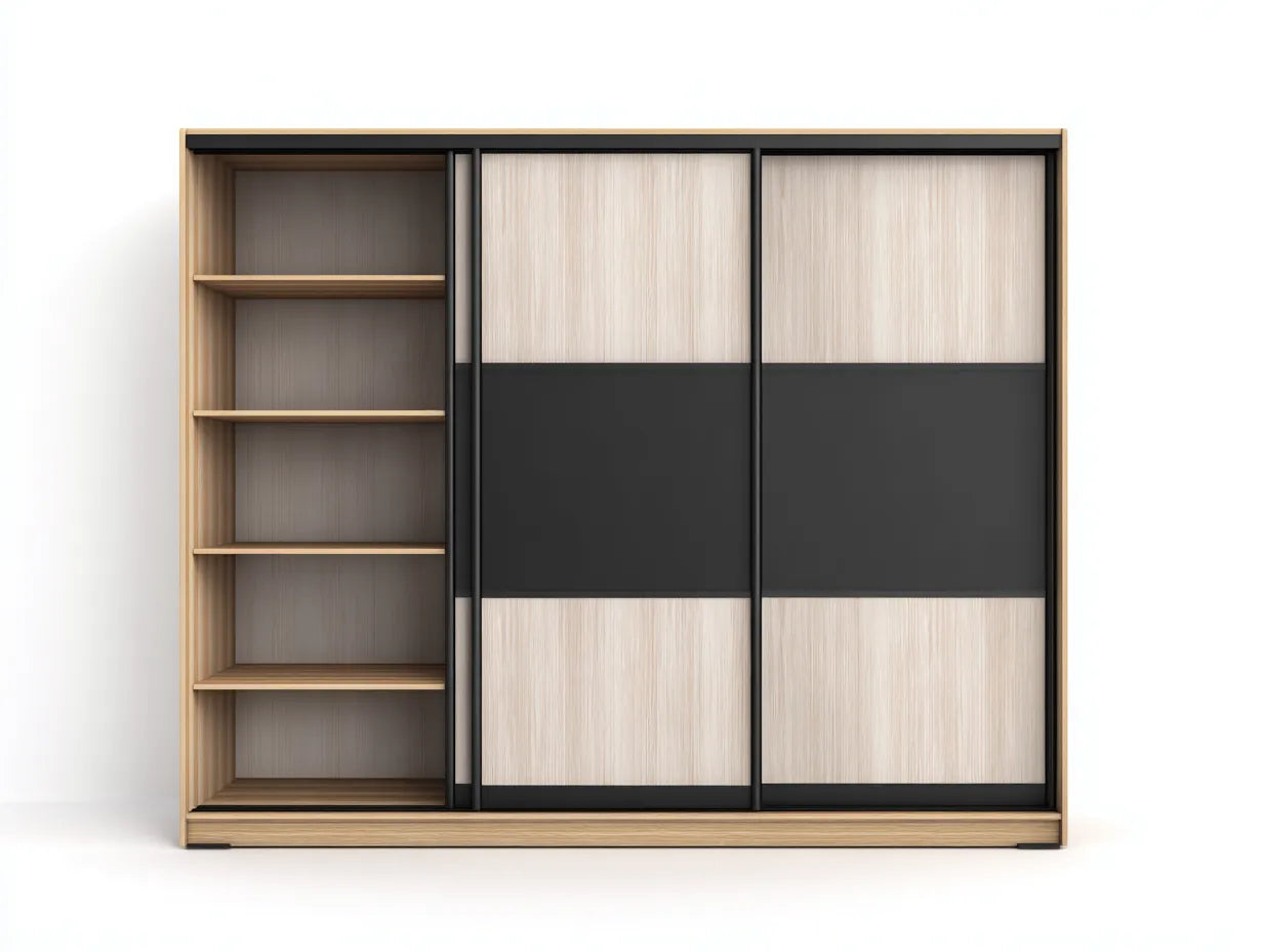 Kleiderschrank 250×60×220 cm Holzwerkstoff Naturholz/Schwarz - Schiebetüren mit offenem Seitenregal