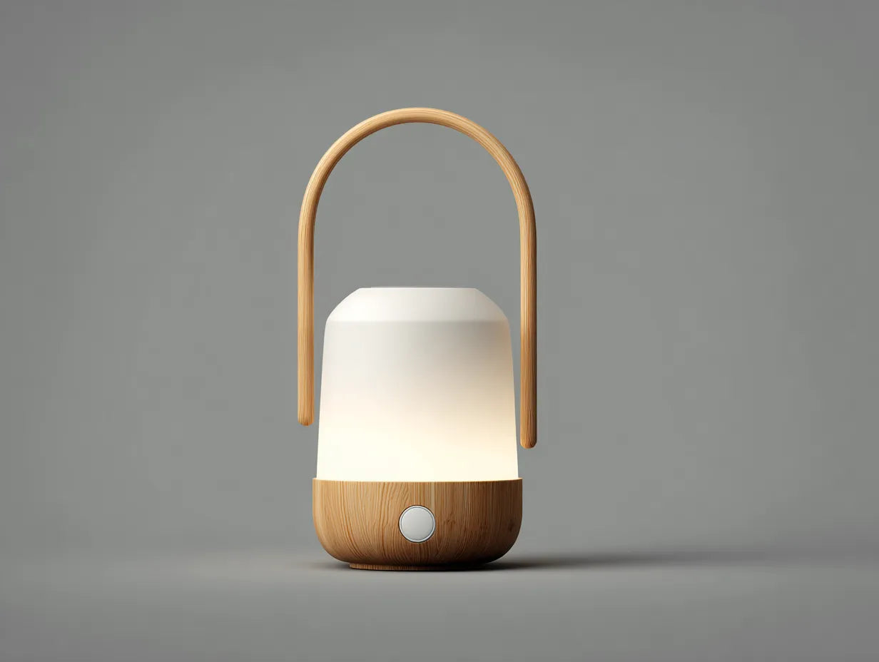 LED-Handlaterne Kunststoff und Holz 17×17×34 cm Weiß/Braun – tragbare Außenleuchte mit Holzsockel