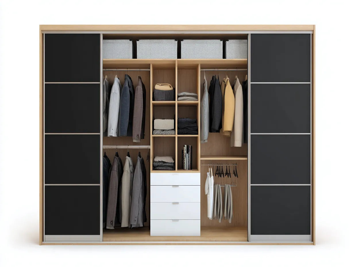Kleiderschrank Holzwerkstoff 300×62×225 cm Schwarz/Hellbraun – Schiebetürenschrank mit offener Mittelzone