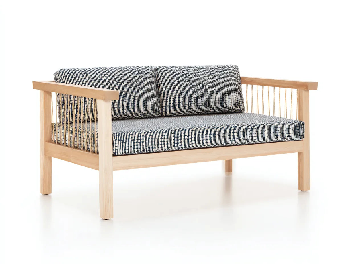 Sofa Holz und Stoff 185×82×78 cm Hellbraun/Blau/Weiß – Wohnzimmermöbel mit offener Seilstruktur