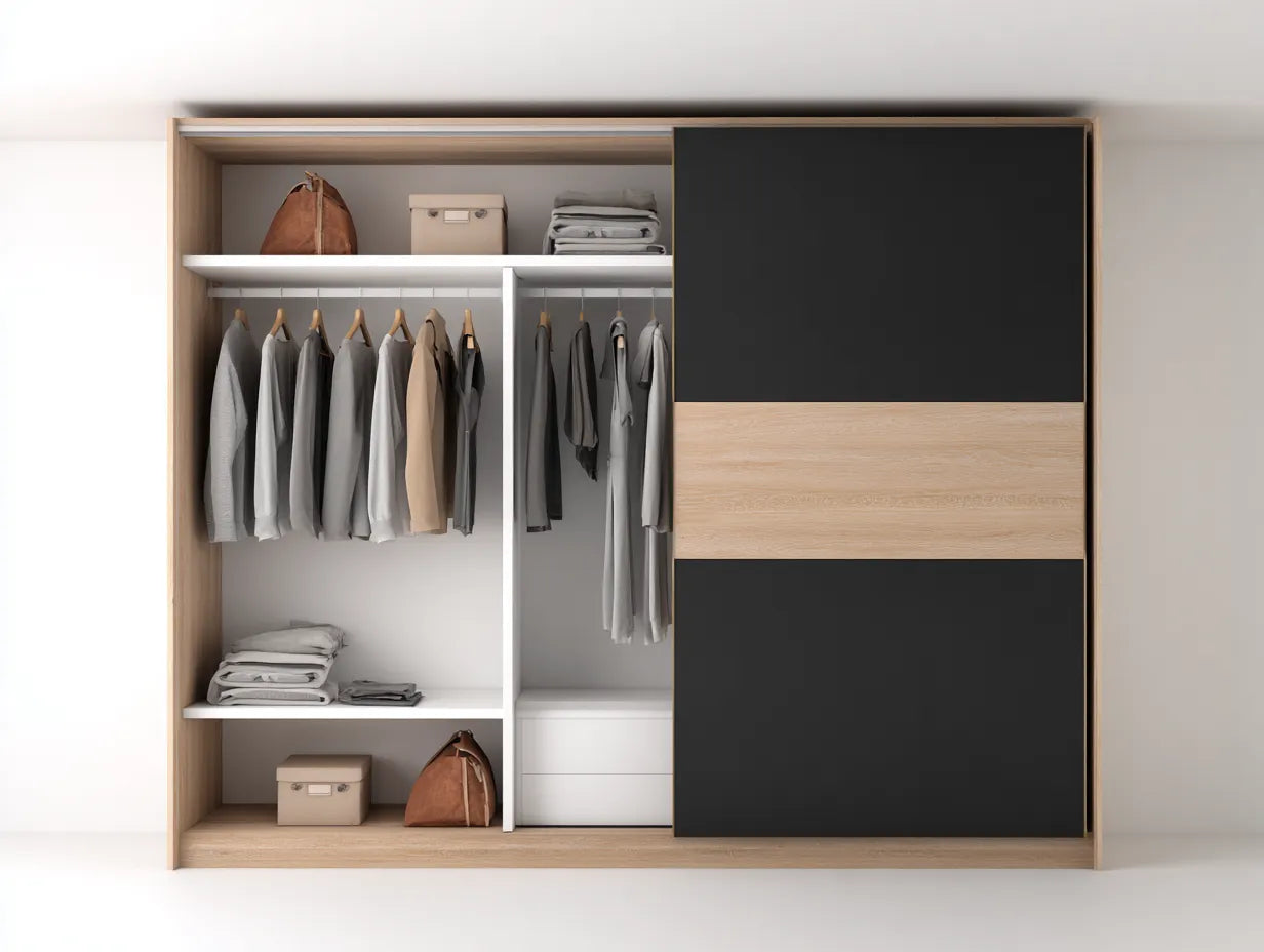 Kleiderschrank Holzwerkstoff 240×60×220 cm Schwarz/Hellbraun/Weiß – Schiebetürenschrank mit Innenaufteilung