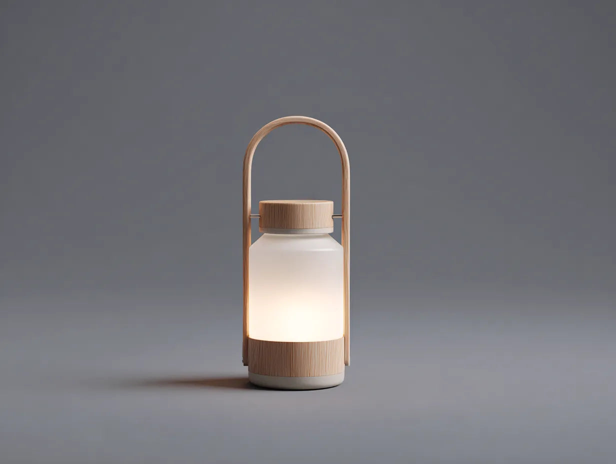 LED-Handlaterne Kunststoff und Holz 18×18×36 cm Weiß/Braun – Außenlicht mit hohem Bogenbügel