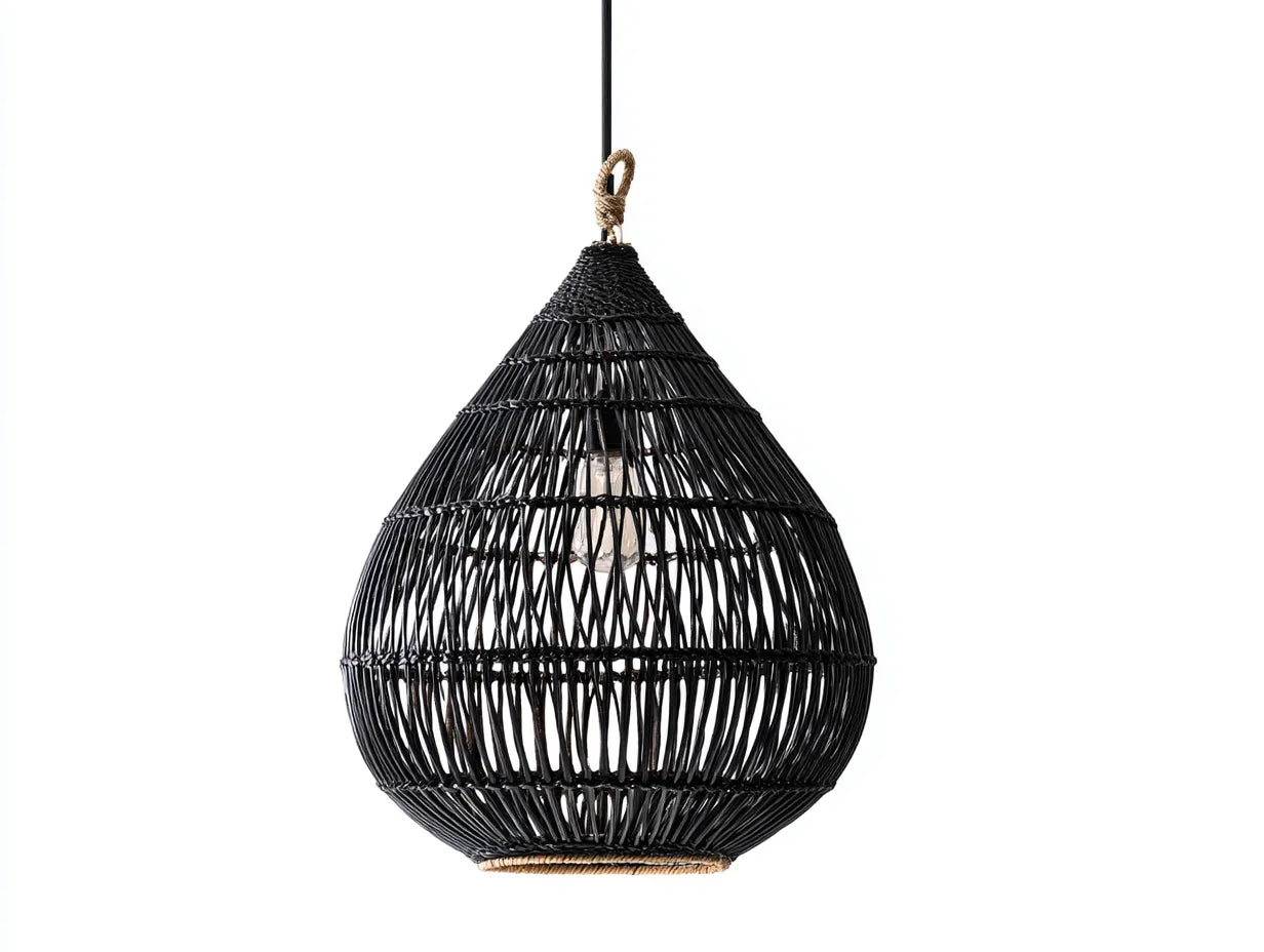 Außenpendelleuchte 48×48×39 cm Rattan Schwarz - rund geflochtener Schirm im natürlichen Stil